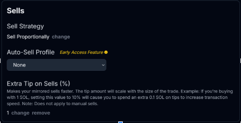 OdinBot sell strategy configuration panel showing proportional selling options, Auto-Sell Profile selection dropdown, and Extra Tip on Sells percentage for maximizing Solana copytrading profits